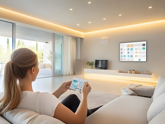 Frau steuert smartes Lichtsystem im Wohnzimmer per Tablet